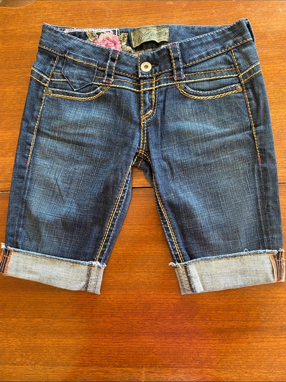 Blue Tattoo Dark Wash Denim Roll-Cuff Bermuda Shorts